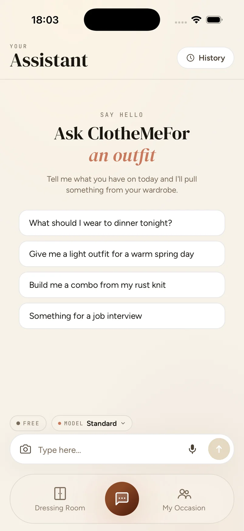 ClotheMeFor open on a phone, showing the assistant ready to be asked for an outfit