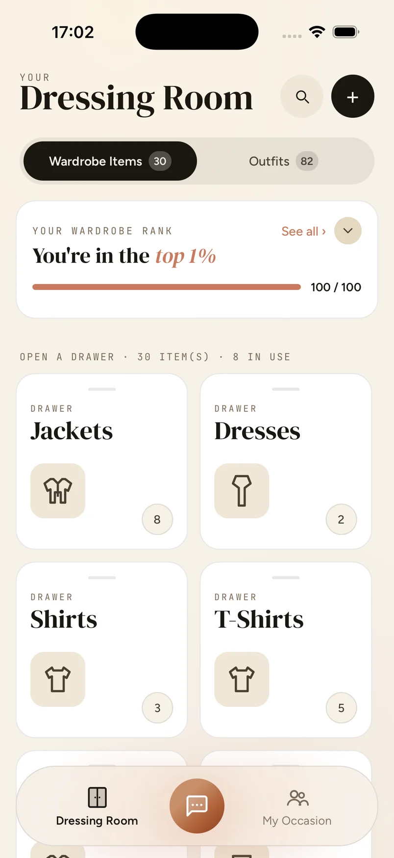 The ClotheMeFor Dressing Room screen, with wardrobe drawers for jackets, dresses, shirts and t-shirts